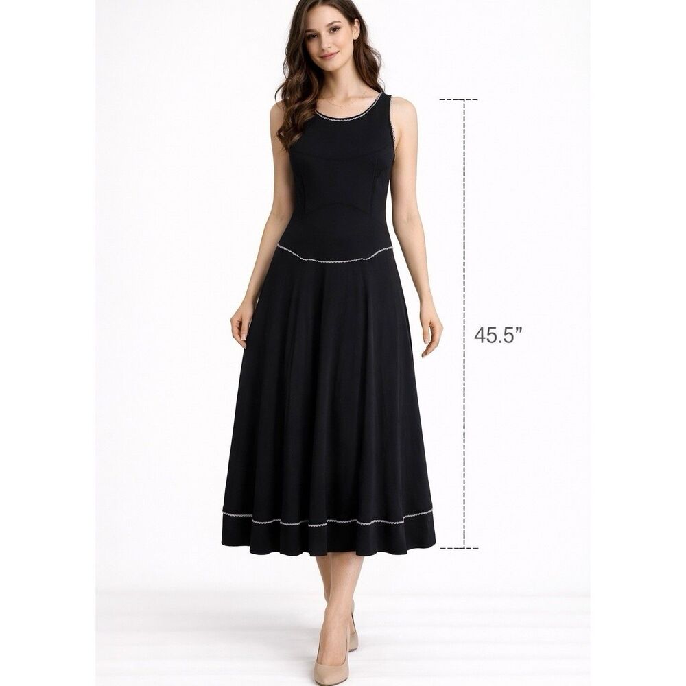 Peruvian Connection Tank Midi Dress (Sz S) Black White Scallop Trim Fit & Flare